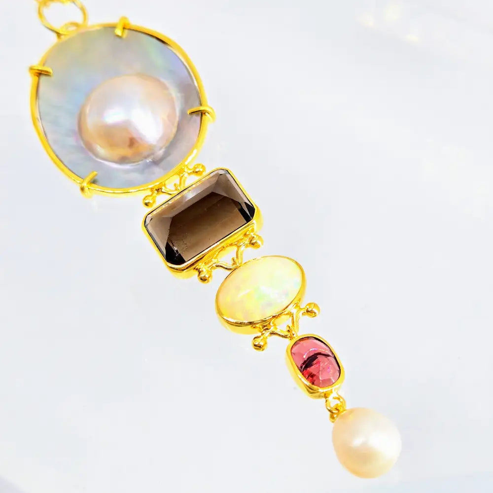 Treasure 4’’ Pendant Necklace Mabe Pearl Smoky Quartz Opal Rhodolite Garnet