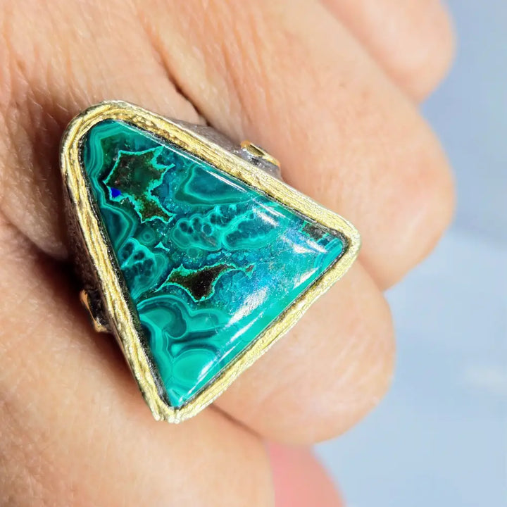 ?TRiad’ Sz 8 Ring - Malachite in Chrysocolla Topaz Black Sterling 18k Gold