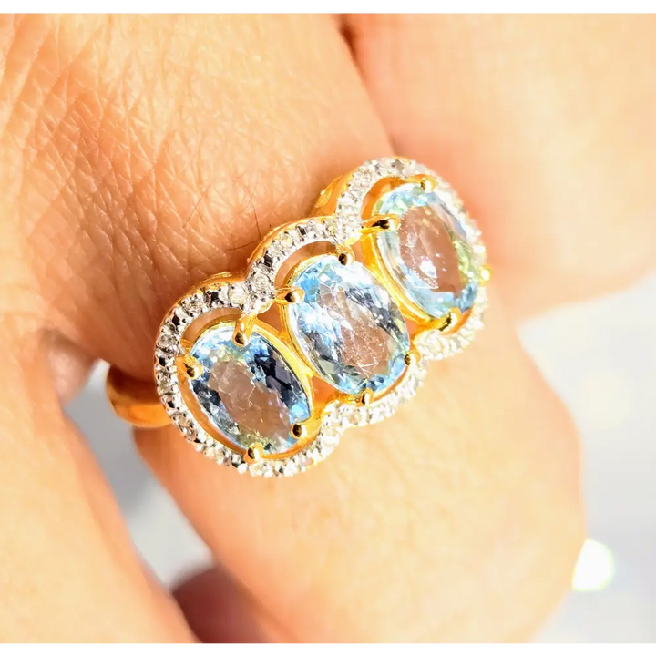 ?TRiple Threat’ Sz 7 Ring - Topaz Diamonds Anti-tarnish Gold Sterling