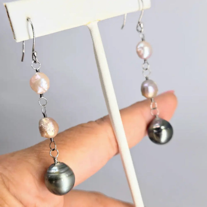 ?TRiple Treat’ 2.75’’ Earrings - Tahitian Pearls Kasumi Sterling - Key West Local Luxe