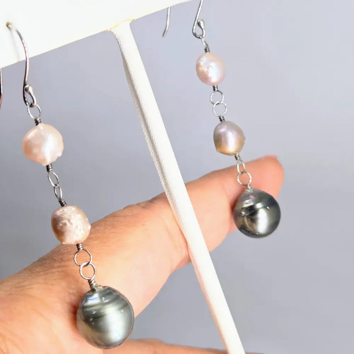 ?TRiple Treat’ 2.75’’ Earrings - Tahitian Pearls Kasumi Sterling - Key West Local Luxe