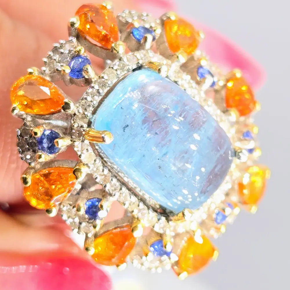 ?TRopical Twilight’ Sz 8 Ring - Aquamarine Diamonds Tanzanite Spessartite Garnet Anti-tarnish Sterling