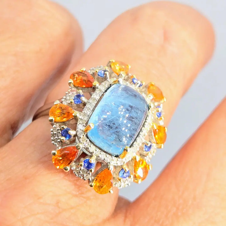 ?TRopical Twilight’ Sz 8 Ring - Aquamarine Diamonds Tanzanite Spessartite Garnet Anti-tarnish Sterling