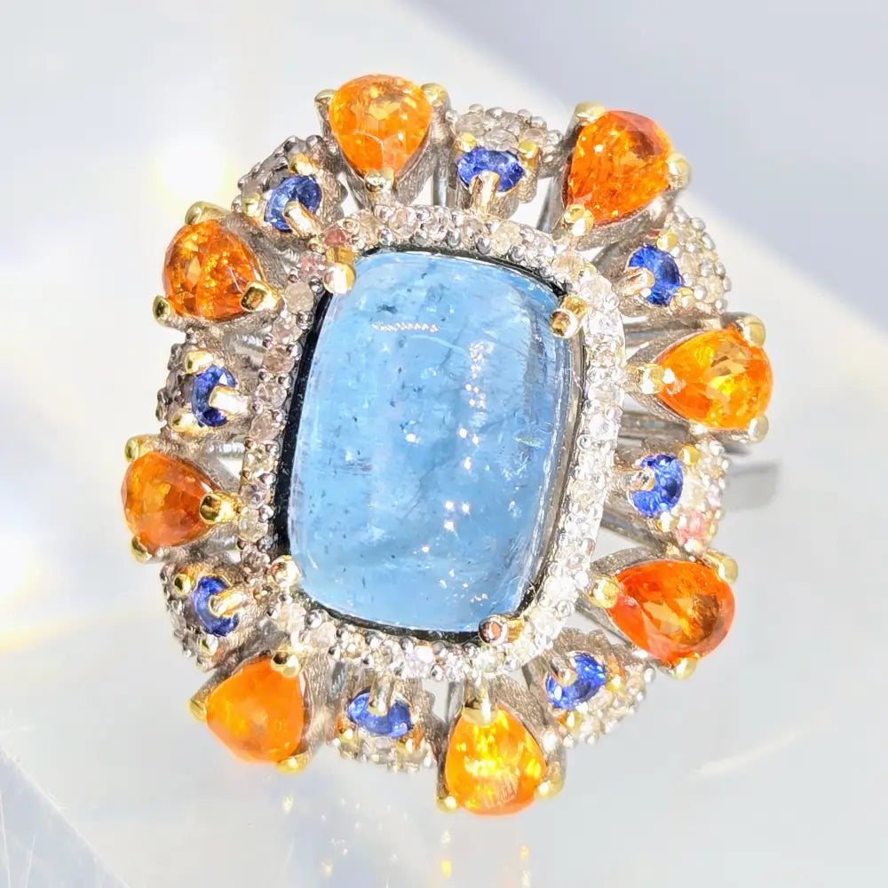 ?TRopical Twilight’ Sz 8 Ring - Aquamarine Diamonds Tanzanite Spessartite Garnet Anti-tarnish Sterling