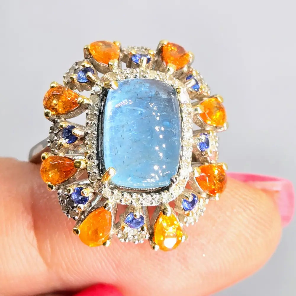 ?TRopical Twilight’ Sz 8 Ring - Aquamarine Diamonds Tanzanite Spessartite Garnet Anti-tarnish Sterling