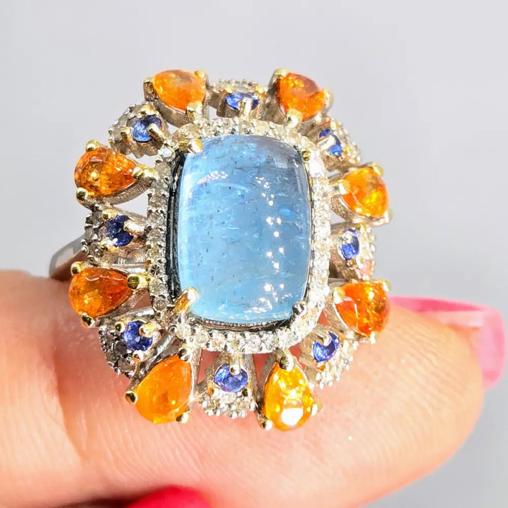 ?TRopical Twilight’ Sz 8 Ring - Aquamarine Diamonds Tanzanite Spessartite Garnet Anti-tarnish Sterling