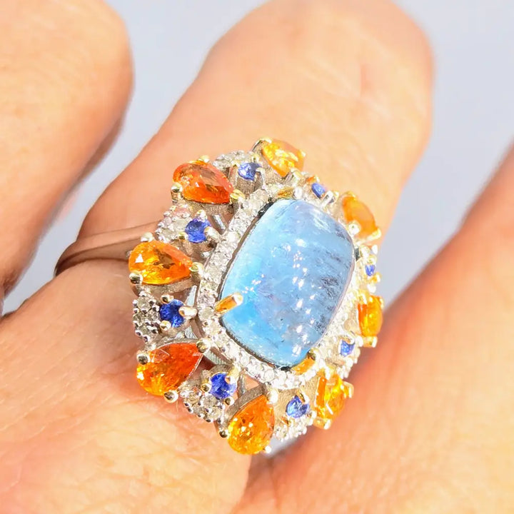 ?TRopical Twilight’ Sz 8 Ring - Aquamarine Diamonds Tanzanite Spessartite Garnet Anti-tarnish Sterling