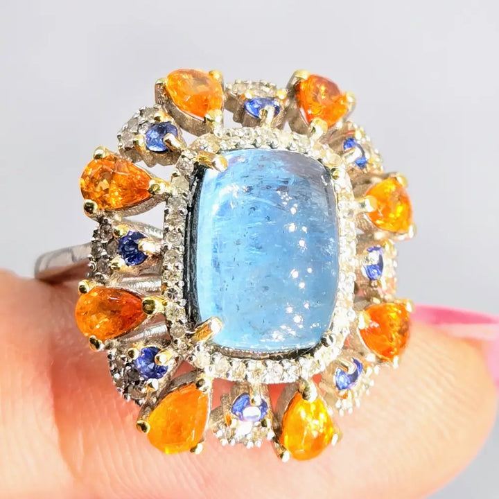 ?TRopical Twilight’ Sz 8 Ring - Aquamarine Diamonds Tanzanite Spessartite Garnet Anti-tarnish Sterling