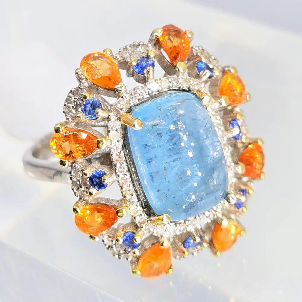 ?TRopical Twilight’ Sz 8 Ring - Aquamarine Diamonds Tanzanite Spessartite Garnet Anti-tarnish Sterling
