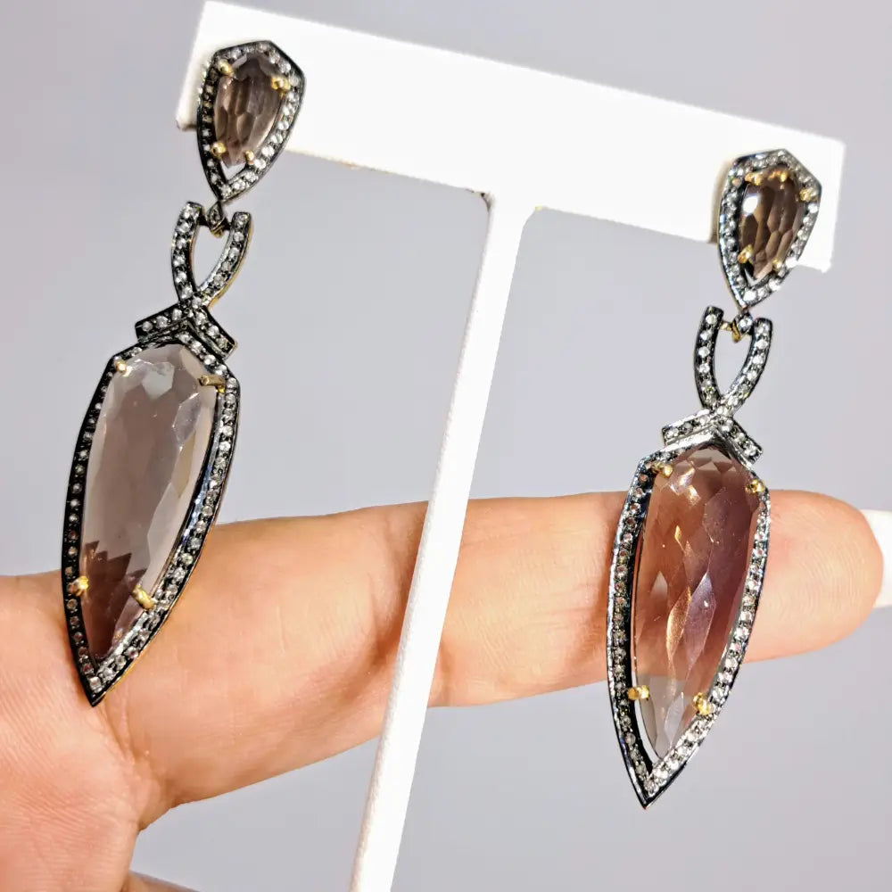 ?TRuffles Nouveau’ 2.5’’ Earrings - Smoky Quartz Oxidized & 18k Gold Sterling