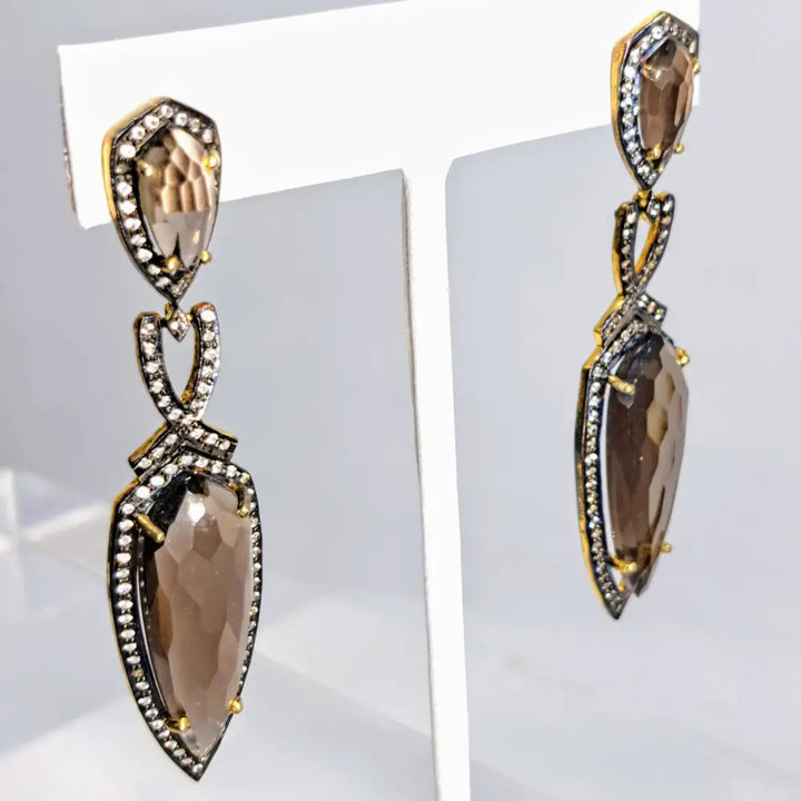 ?TRuffles Nouveau’ 2.5’’ Earrings - Smoky Quartz Oxidized & 18k Gold Sterling