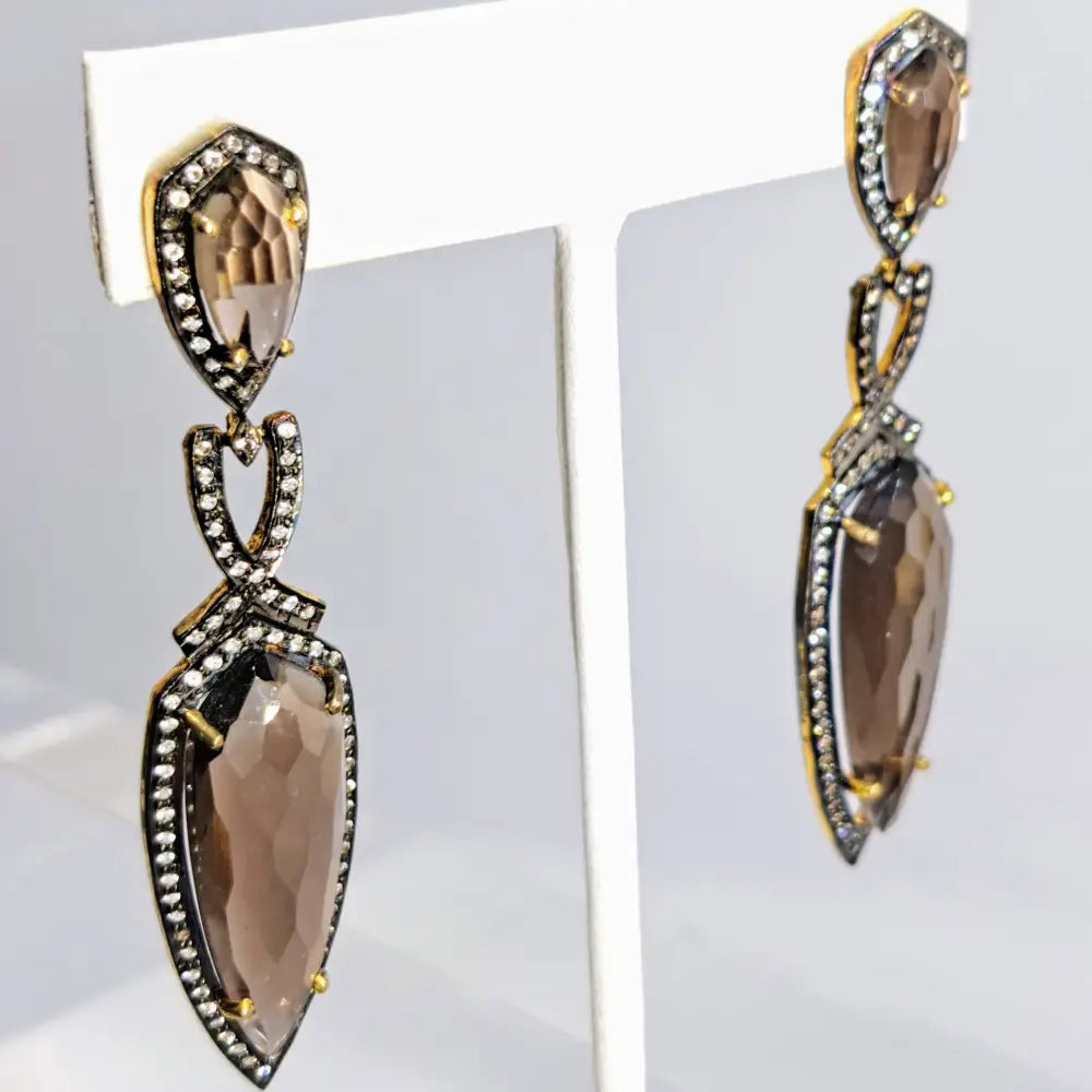 ?TRuffles Nouveau’ 2.5’’ Earrings - Smoky Quartz Oxidized & 18k Gold Sterling