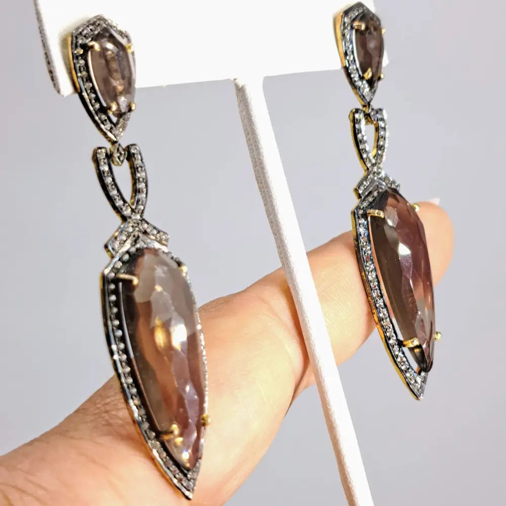?TRuffles Nouveau’ 2.5’’ Earrings - Smoky Quartz Oxidized & 18k Gold Sterling
