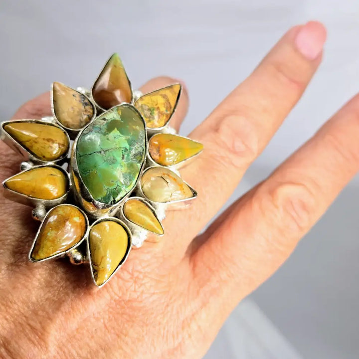 ?TUrq Blossom’ Adj. Size Ring - Turquoise German Silver