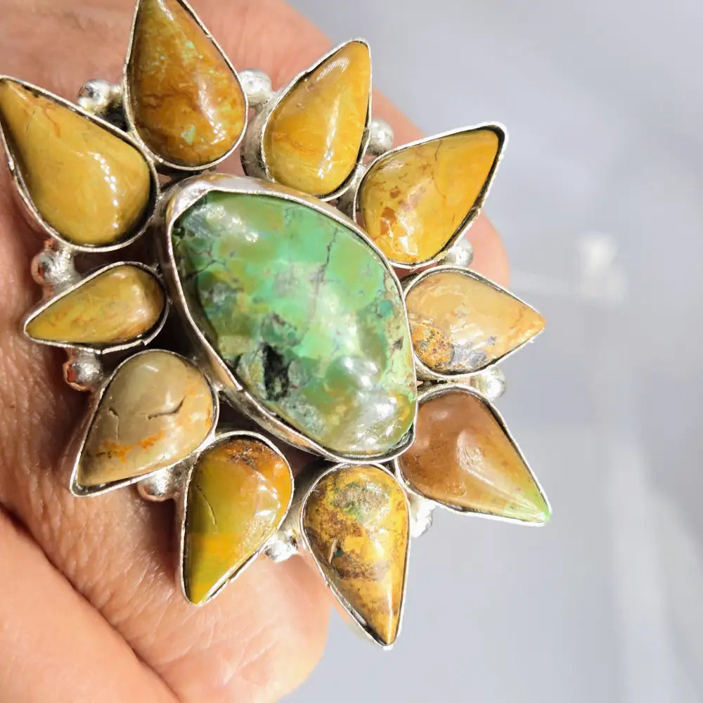 ?TUrq Blossom’ Adj. Size Ring - Turquoise German Silver