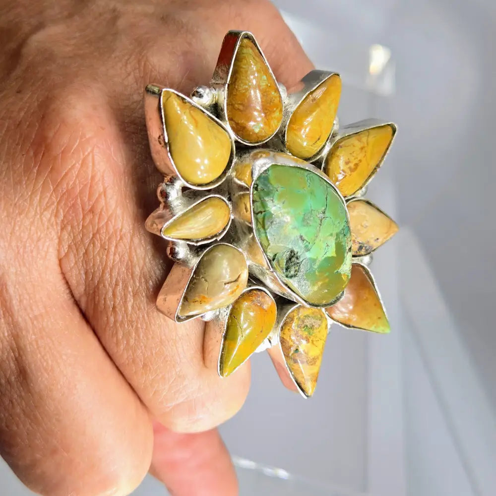 ?TUrq Blossom’ Adj. Size Ring - Turquoise German Silver