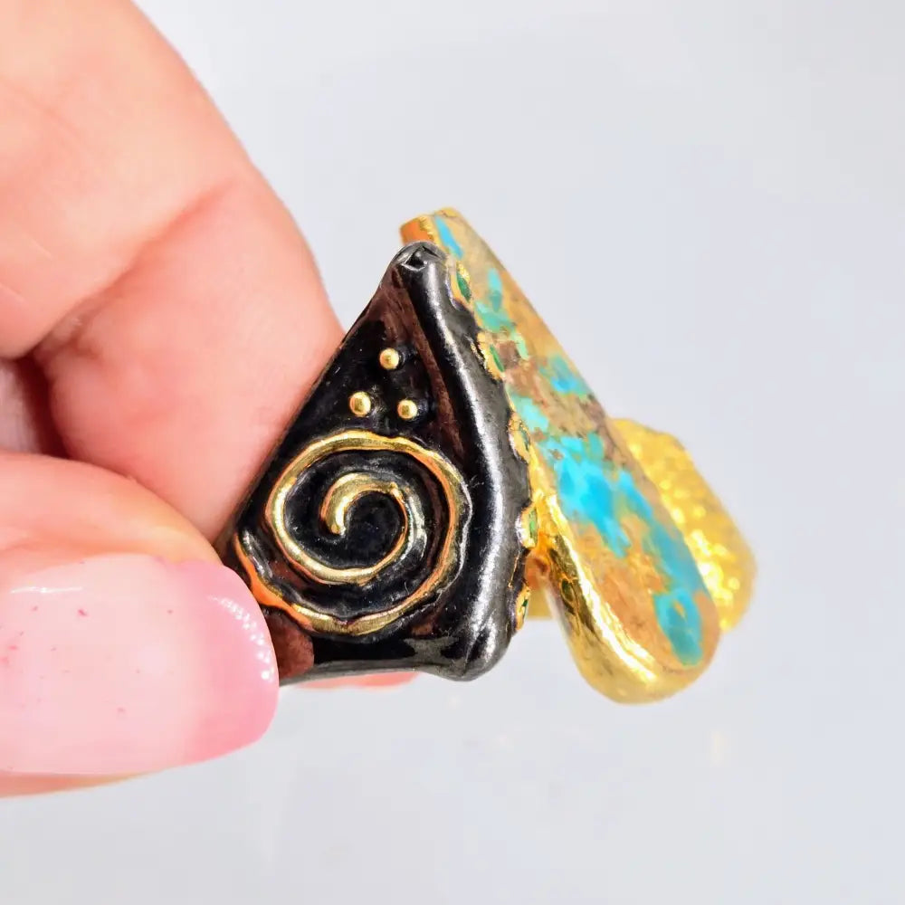 ?TUrqs & Caicos’ Sz 8 Ring - Persian Turquoise Emerald Black Sterling 18k Gold