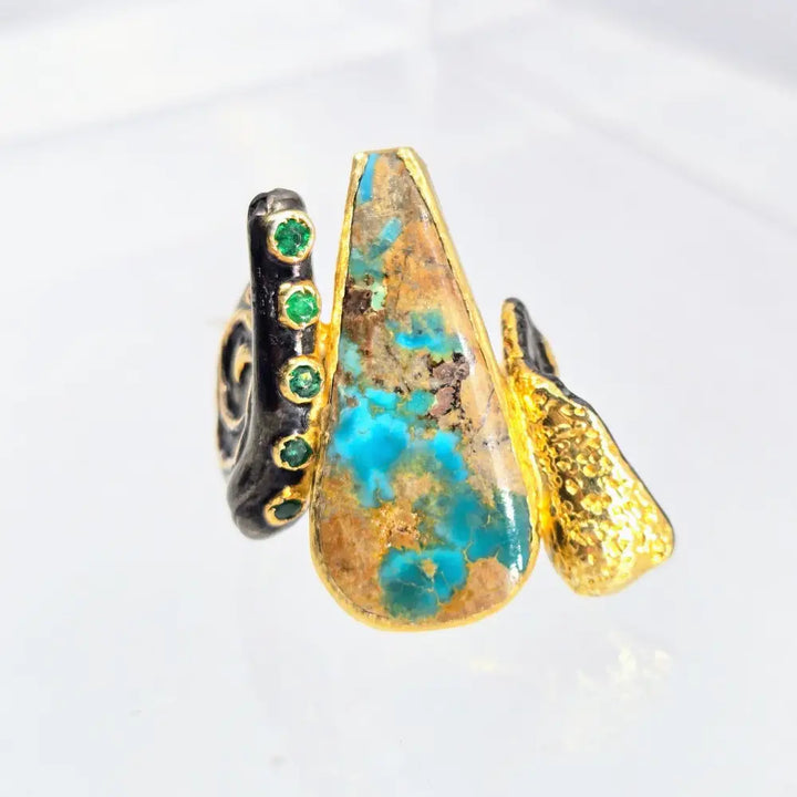 ?TUrqs & Caicos’ Sz 8 Ring - Persian Turquoise Emerald Black Sterling 18k Gold