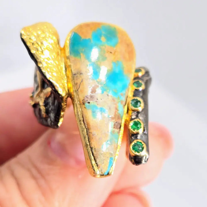 ?TUrqs & Caicos’ Sz 8 Ring - Persian Turquoise Emerald Black Sterling 18k Gold