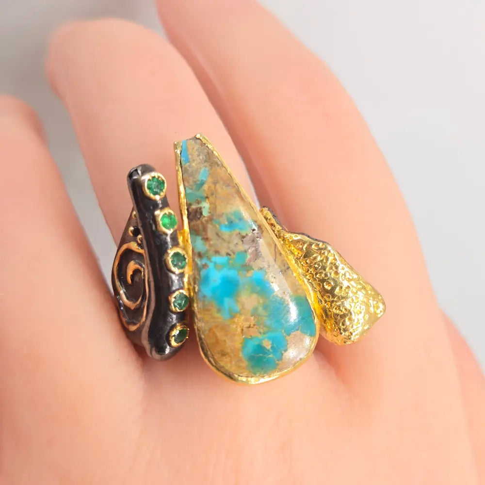 ?TUrqs & Caicos’ Sz 8 Ring - Persian Turquoise Emerald Black Sterling 18k Gold
