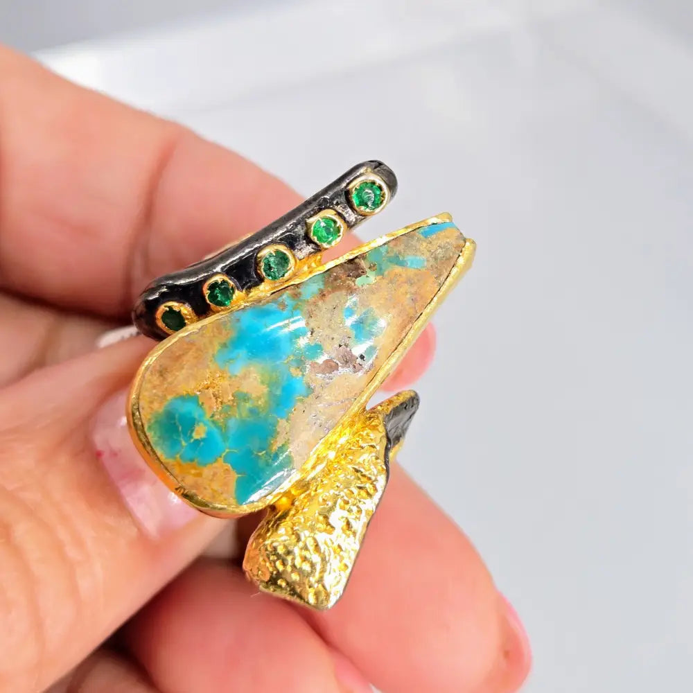 ?TUrqs & Caicos’ Sz 8 Ring - Persian Turquoise Emerald Black Sterling 18k Gold