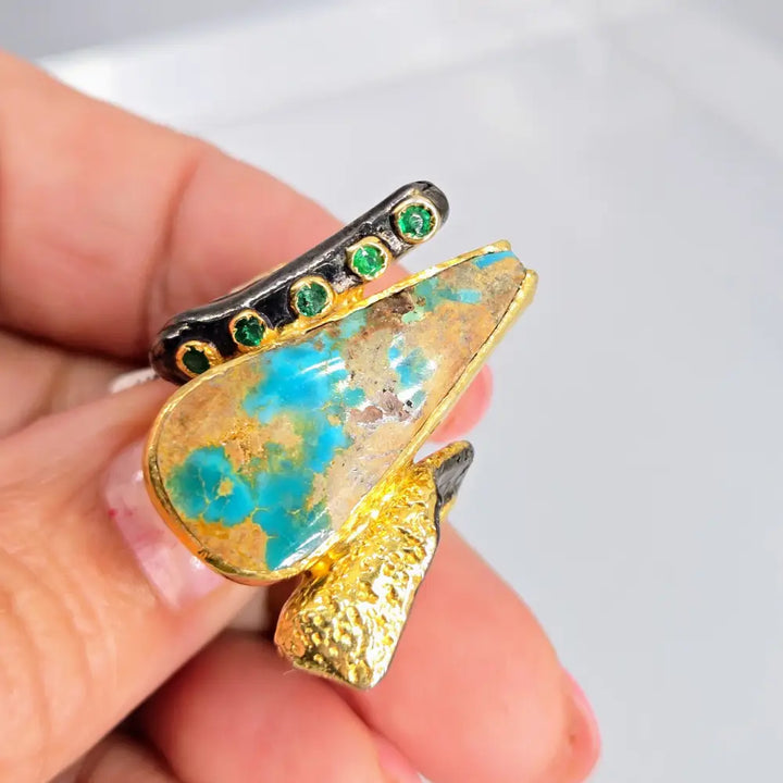 ?TUrqs & Caicos’ Sz 8 Ring - Persian Turquoise Emerald Black Sterling 18k Gold