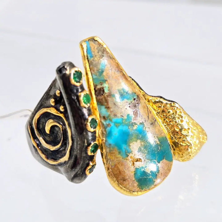 ?TUrqs & Caicos’ Sz 8 Ring - Persian Turquoise Emerald Black Sterling 18k Gold