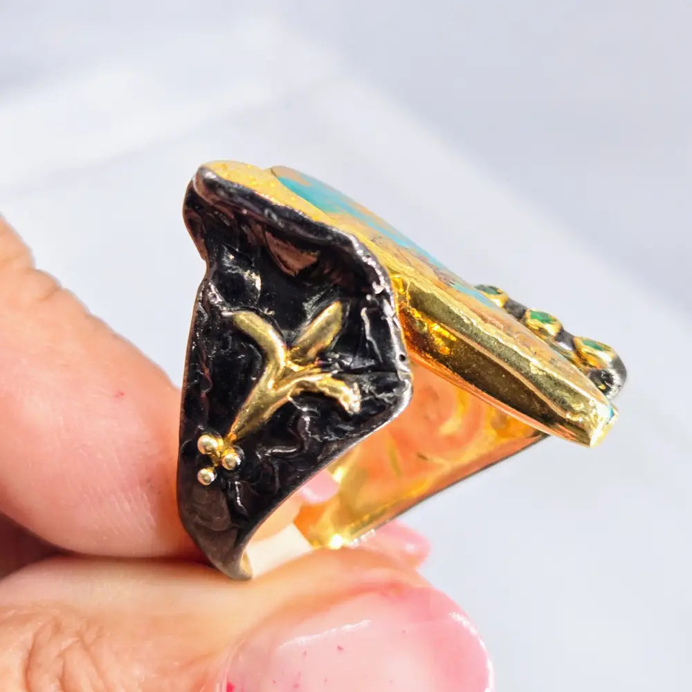 ?TUrqs & Caicos’ Sz 8 Ring - Persian Turquoise Emerald Black Sterling 18k Gold