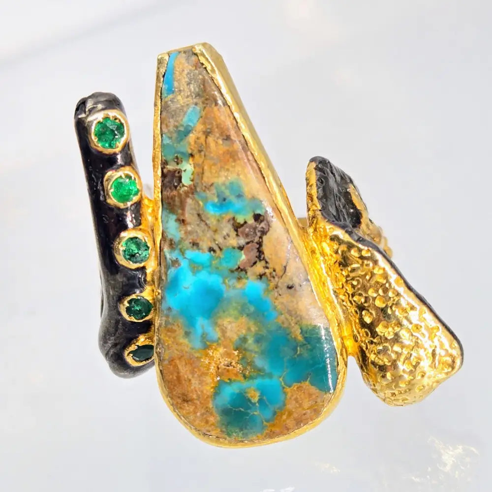 ?TUrqs & Caicos’ Sz 8 Ring - Persian Turquoise Emerald Black Sterling 18k Gold