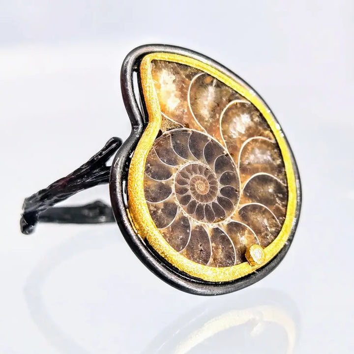 Twig & Fossil Ring Sz 8 Adjustable Ammonite Diamond Black Sterling.925 18k Accents - Rings