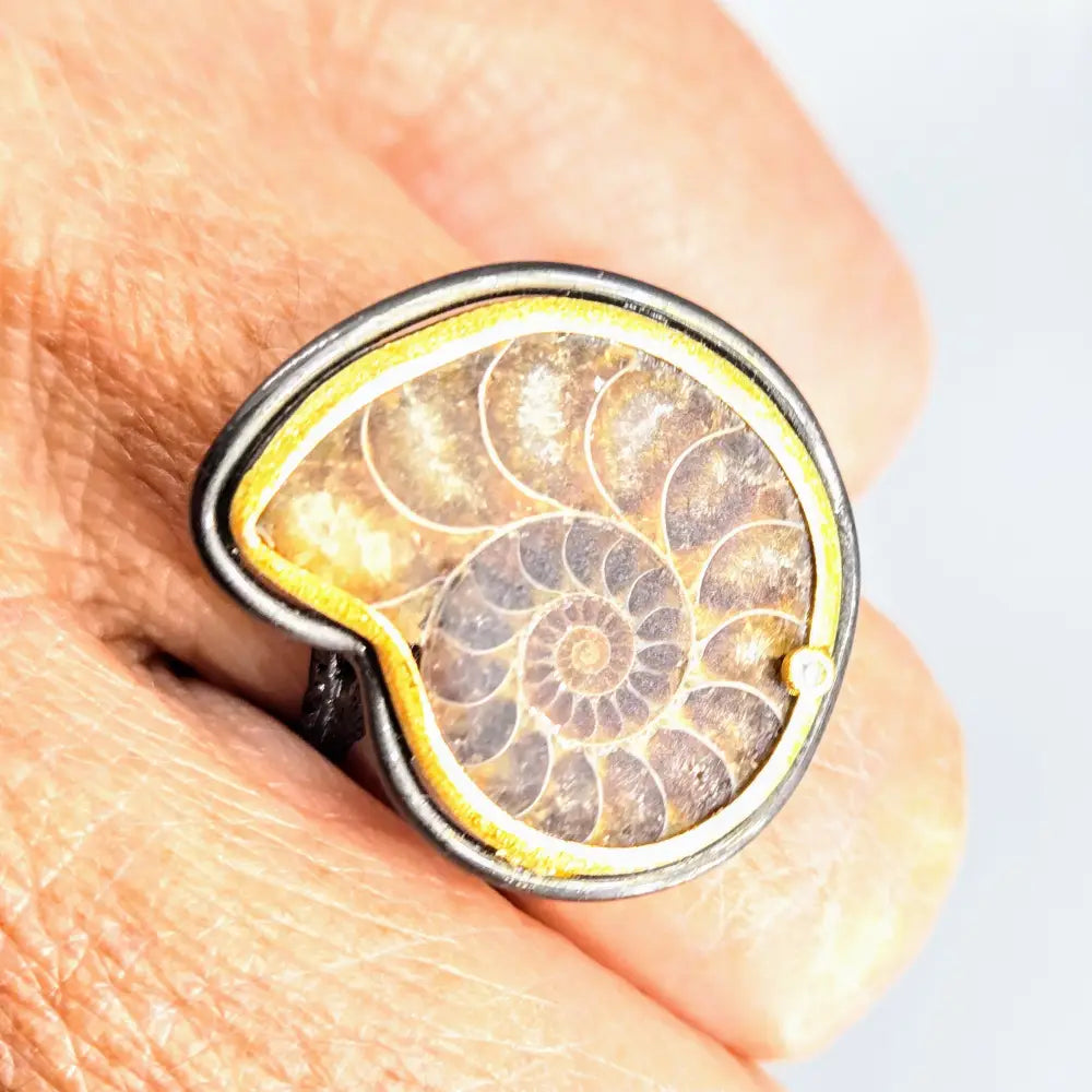 Twig & Fossil Ring Sz 8 Adjustable Ammonite Diamond Black Sterling.925 18k Accents - Rings