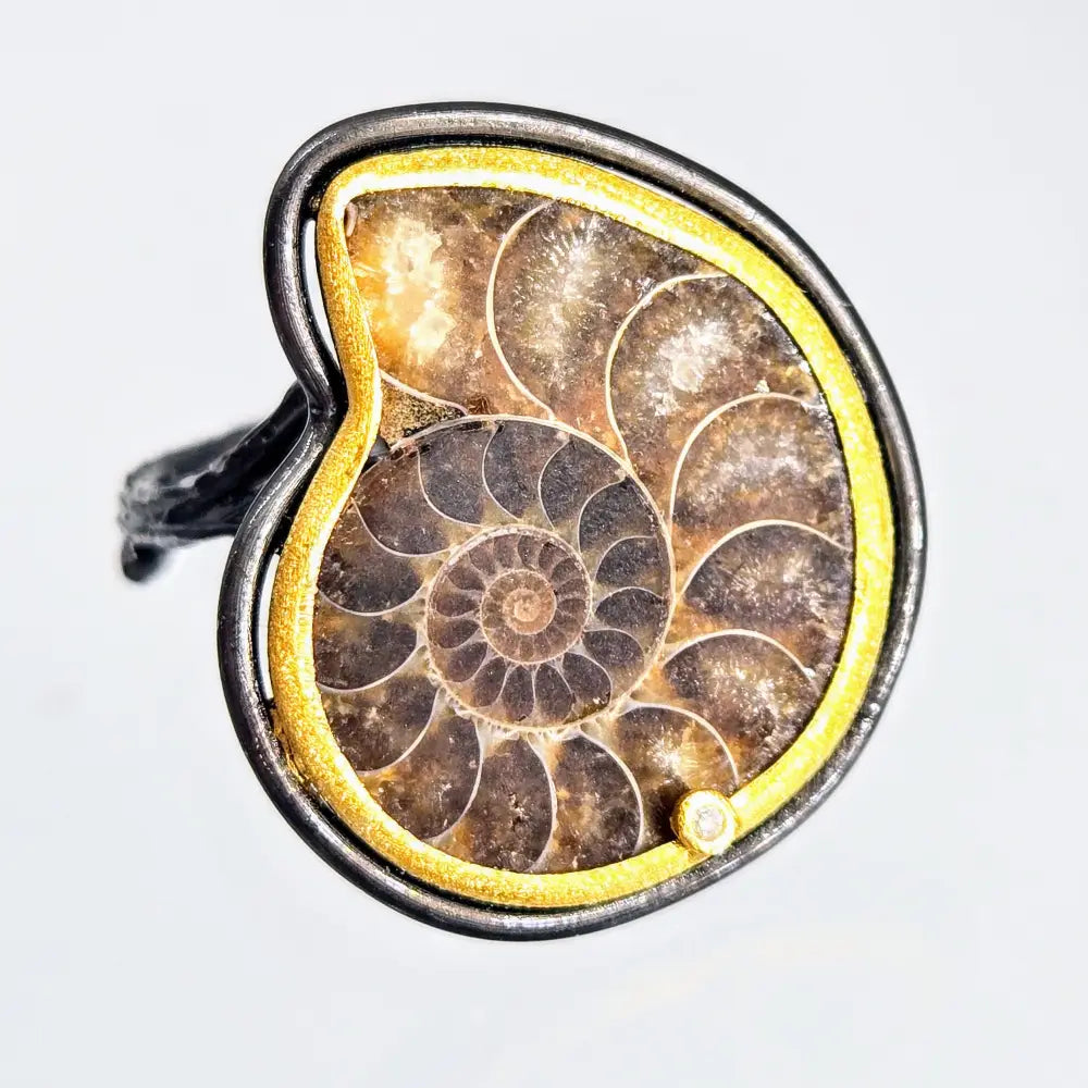 Twig & Fossil Ring Sz 8 Adjustable Ammonite Diamond Black Sterling.925 18k Accents - Rings