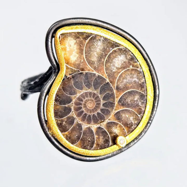 Twig & Fossil Ring Sz 8 Adjustable Ammonite Diamond Black Sterling.925 18k Accents - Rings