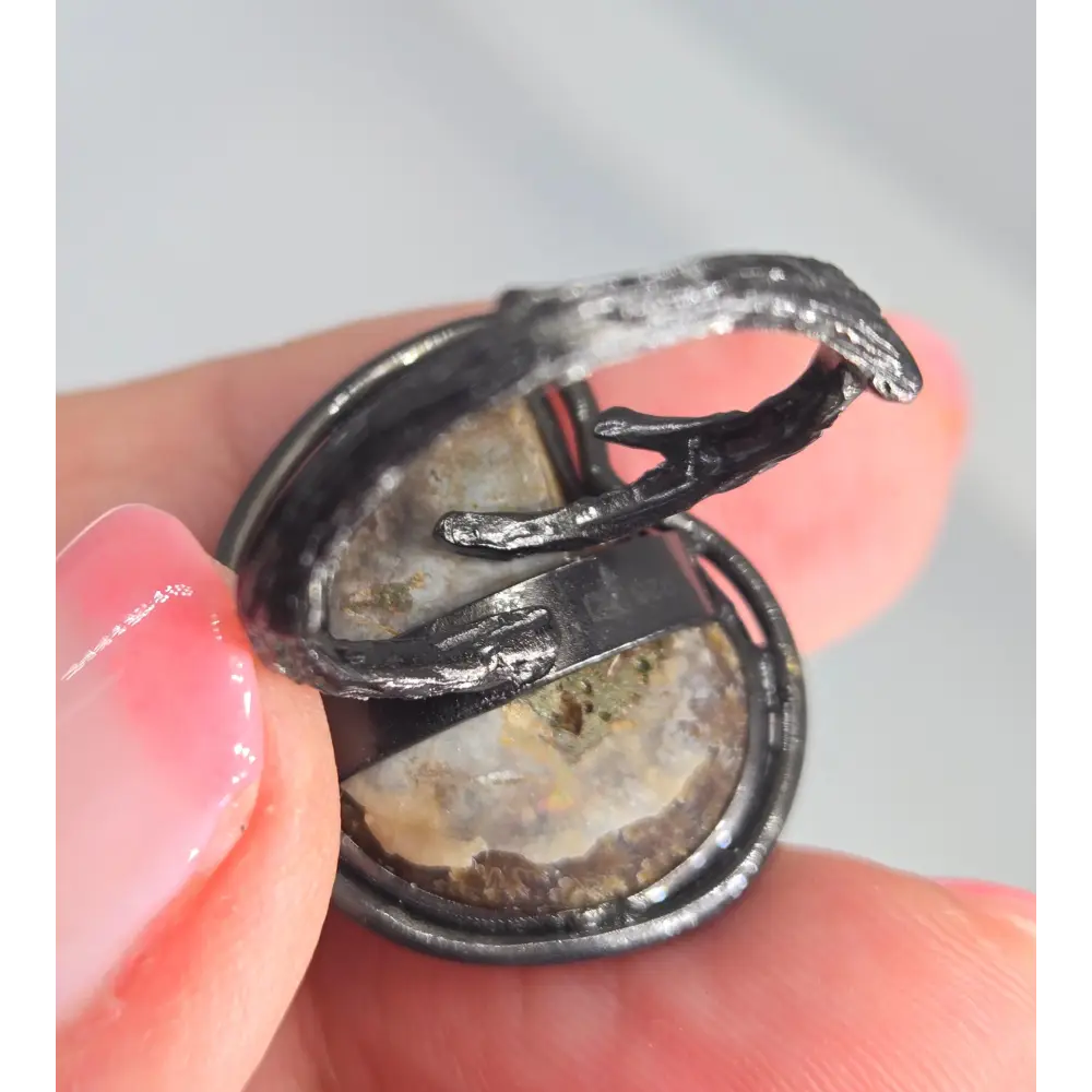 Twig & Fossil Ring Sz 8 Adjustable Ammonite Diamond Black Sterling.925 18k Accents - Rings