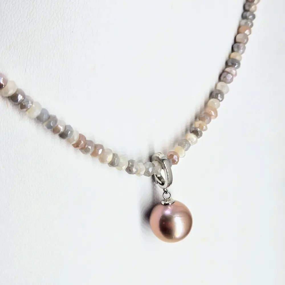 ?TWilight Glow’ Pendant Necklace - Pearl Anti-tarnish Sterling Peach & Gray Moonstone Strand