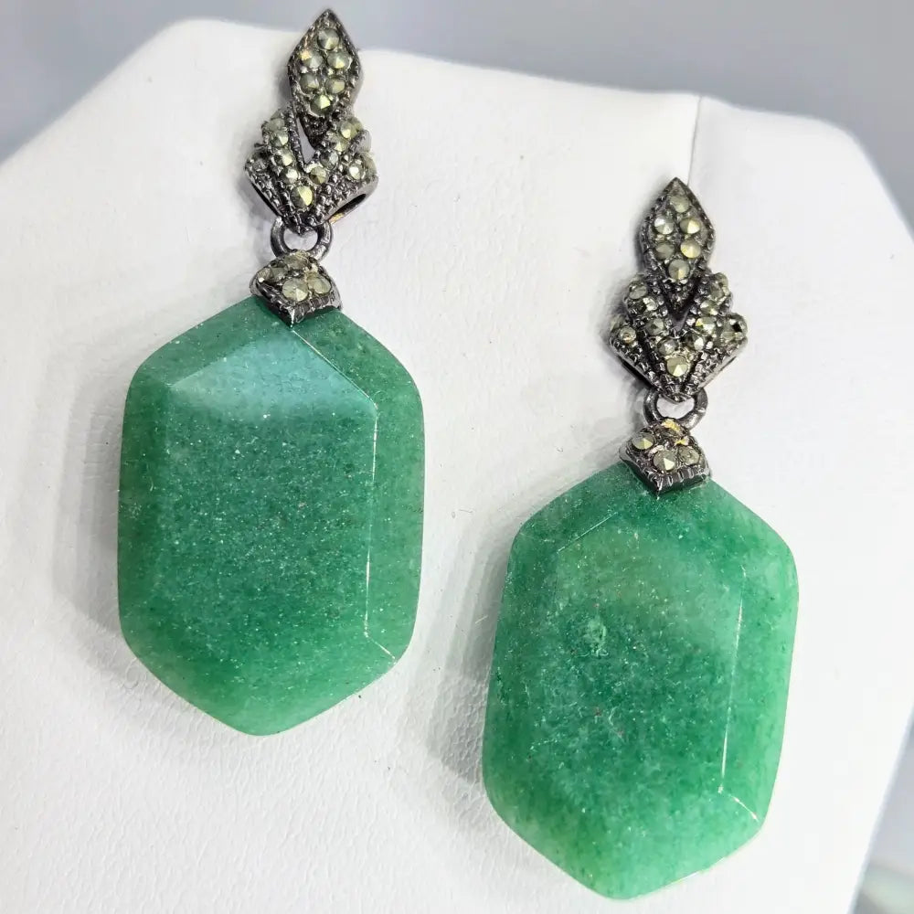 ?VEry Verdant!’ 1.75’’ Earrings - Aventurine & Marcasite Oxidized Sterling - Key West Local Luxe