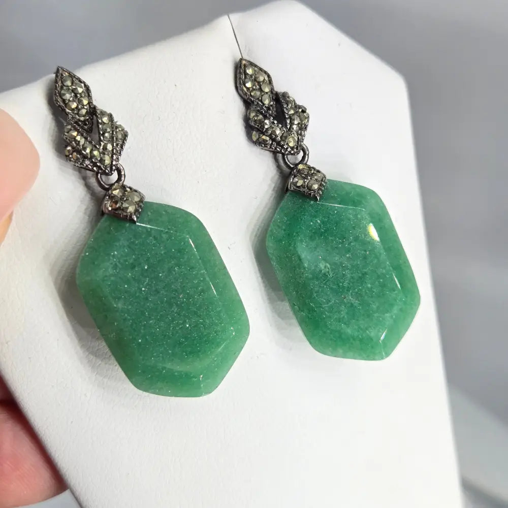 ?VEry Verdant!’ 1.75’’ Earrings - Aventurine & Marcasite Oxidized Sterling - Key West Local Luxe