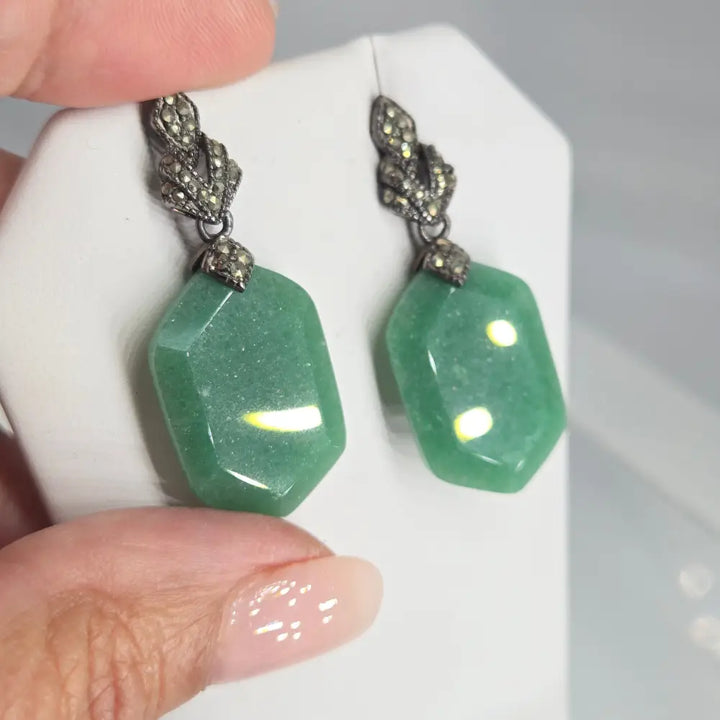 ?VEry Verdant!’ 1.75’’ Earrings - Aventurine & Marcasite Oxidized Sterling - Key West Local Luxe