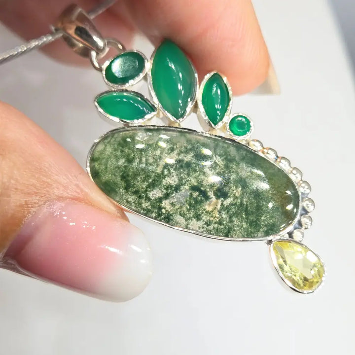 ?VEry Verde’ Pendant Necklace - Moss Agate Green Onyx Citrine Sterling - Key West Local Luxe