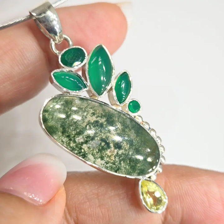 ?VEry Verde’ Pendant Necklace - Moss Agate Green Onyx Citrine Sterling - Key West Local Luxe