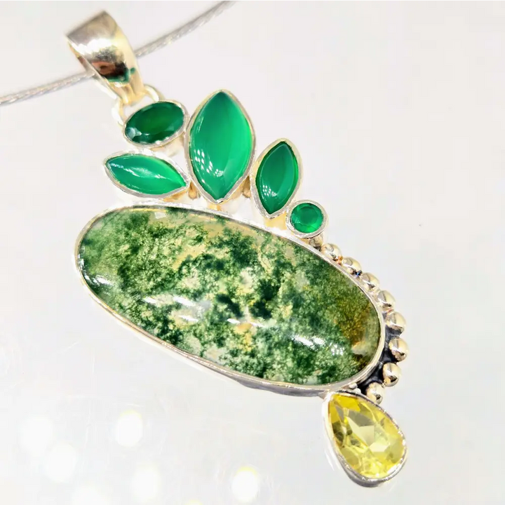 ?VEry Verde’ Pendant Necklace - Moss Agate Green Onyx Citrine Sterling - Key West Local Luxe