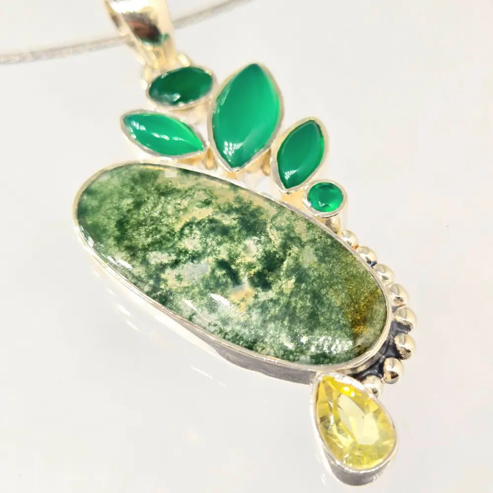 ?VEry Verde’ Pendant Necklace - Moss Agate Green Onyx Citrine Sterling - Key West Local Luxe
