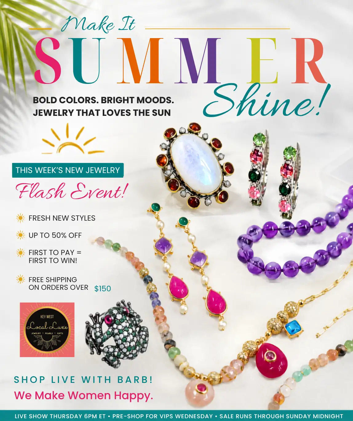 Vibrant rainbow-colored beaded necklace with gold-toned accents and a central pink teardrop pendant.