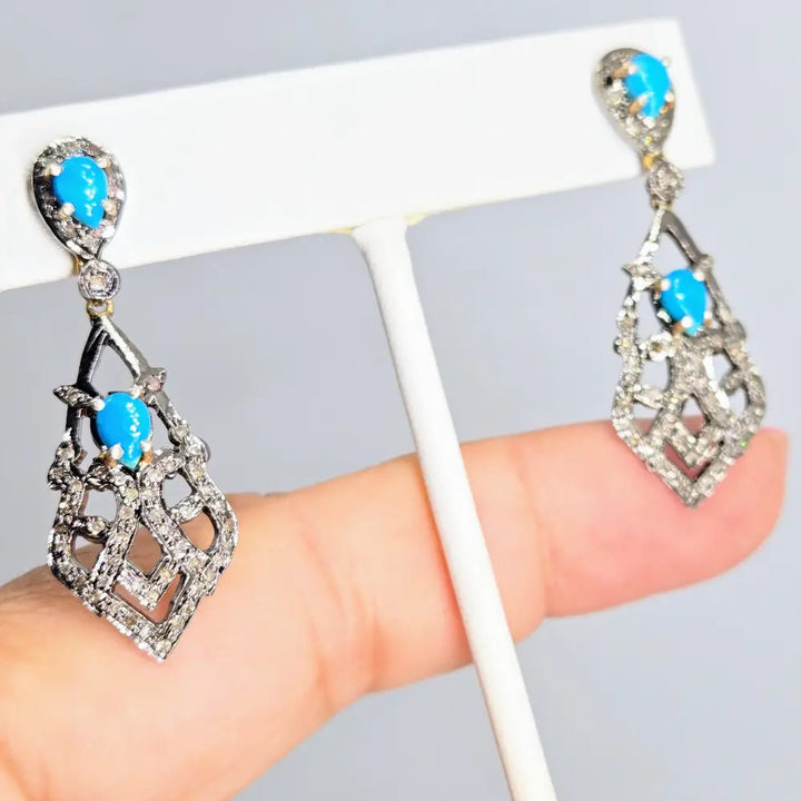 ?VIctorian Cruise Revival’ 1.75’’ Earrings - Diamonds Turquoise Sterling