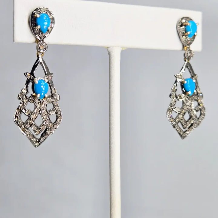 ?VIctorian Cruise Revival’ 1.75’’ Earrings - Diamonds Turquoise Sterling