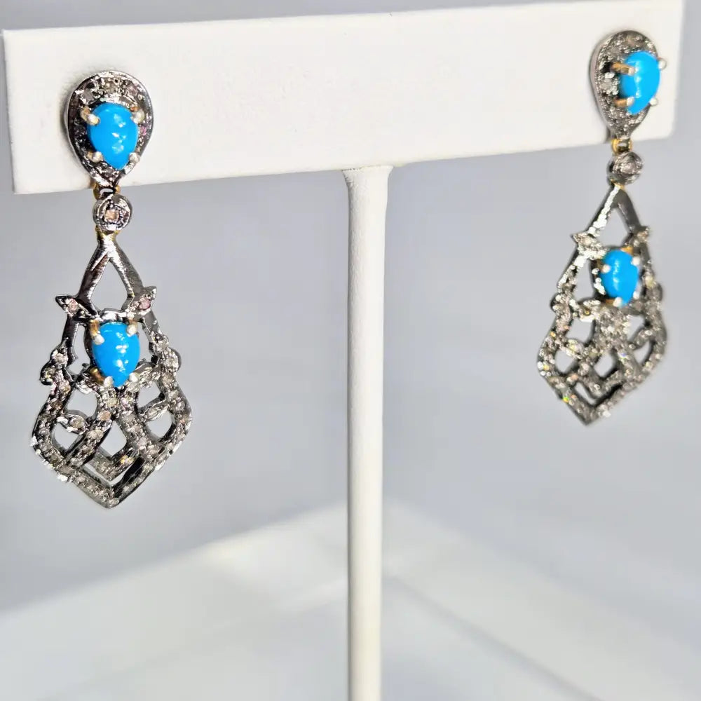 ?VIctorian Cruise Revival’ 1.75’’ Earrings - Diamonds Turquoise Sterling