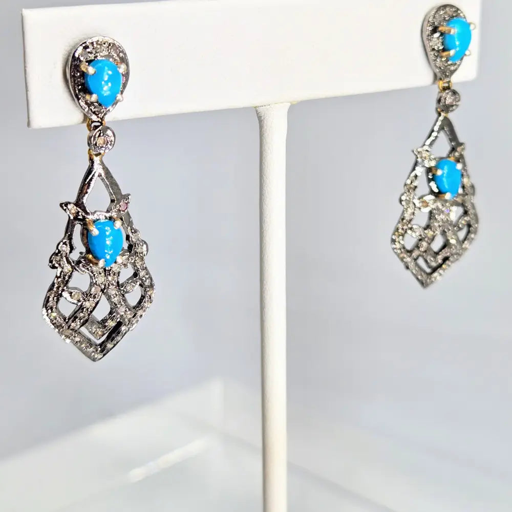 ?VIctorian Cruise Revival’ 1.75’’ Earrings - Diamonds Turquoise Sterling
