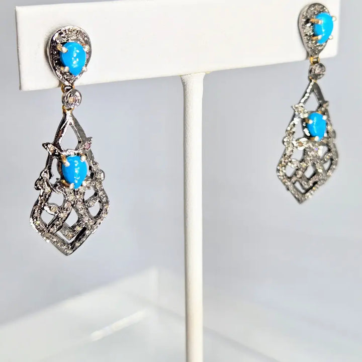 ?VIctorian Cruise Revival’ 1.75’’ Earrings - Diamonds Turquoise Sterling