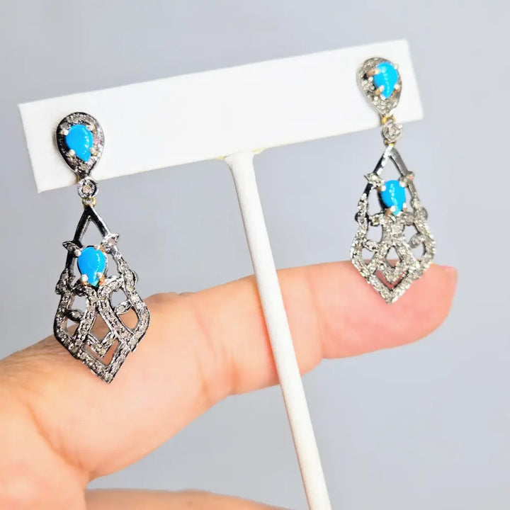?VIctorian Cruise Revival’ 1.75’’ Earrings - Diamonds Turquoise Sterling