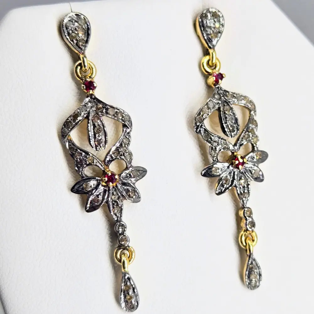 ?VIctorian Delights’ 2’’ Earrings - Diamonds Rubies Sterling 18k Gold Accents